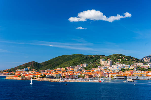 Ajaccio, Corsica, France coastal resorts skyline on the Mediterranean.