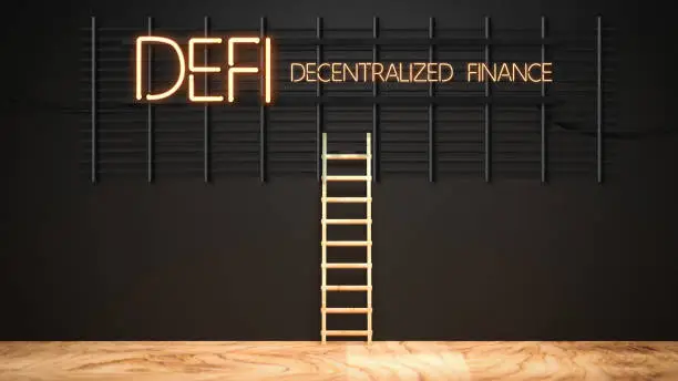 message DEFI - DECENTRALIZED FINANCE in neon letters on a black wall and a ladder - 3d illustration
