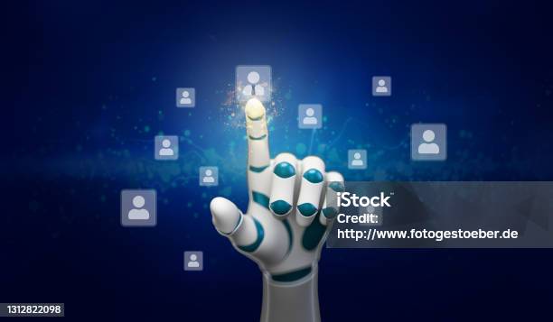 Robot Arm Is Choosing A Person Out Of Many On A Touchscreen 3d Illustration Stock Photo - Download Image Now