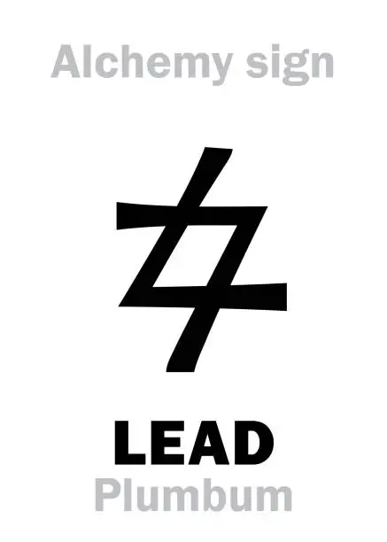 Vector illustration of Alchemy Alphabet: LEAD (Plumbum, Plumbum nigrum; Saturn), one of seven ancient metals, inferior metal. Also: «Prima Materia», Imperfect matter; eq.: lead, black lead, plumbing. Chemical formula=[Pb].