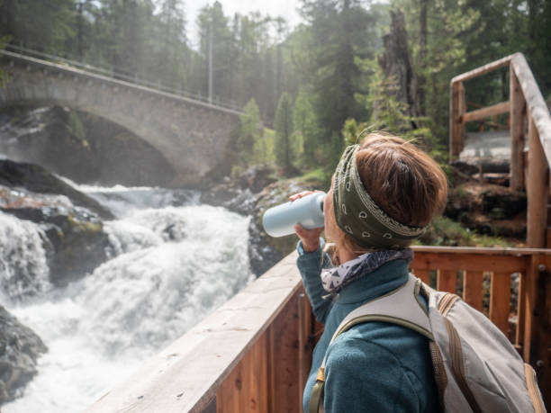 istock Young woman in nature drinks from reusable bottle 1312824832