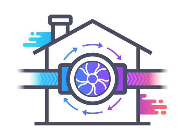 ilustraciones, imágenes clip art, dibujos animados e iconos de stock de concepto de símbolo de construcción hvac de circulación de aire de ventilación - air duct cleaning air conditioner furnace