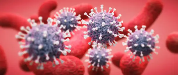 Photo of Purple virus cells with a white protein corona, on a dark red background with blood plasma