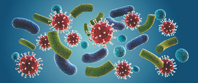 Stylized representation of colorful virus cells on a wide blue background
