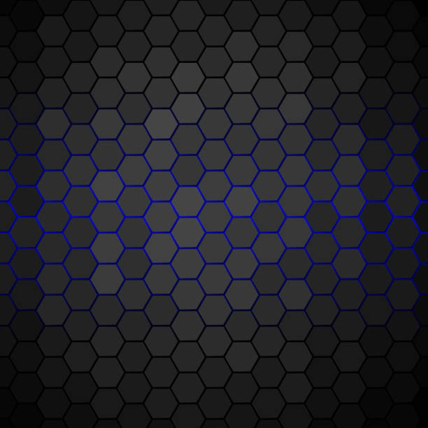 ilustrações de stock, clip art, desenhos animados e ícones de blue glow behind hexagon tiles covering surface. honeycomb pattern with individually lit shapes. gradient. - fiber backgrounds textured black