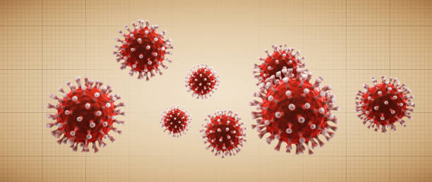 istock Simple representation of red coronavirus cells on a brown horizontal grid 1312827211