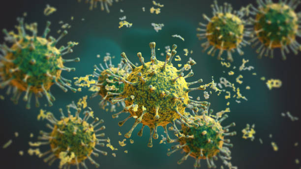 istock Green virus coronavirus cells with organic matter on a defocused dark background 1312827218