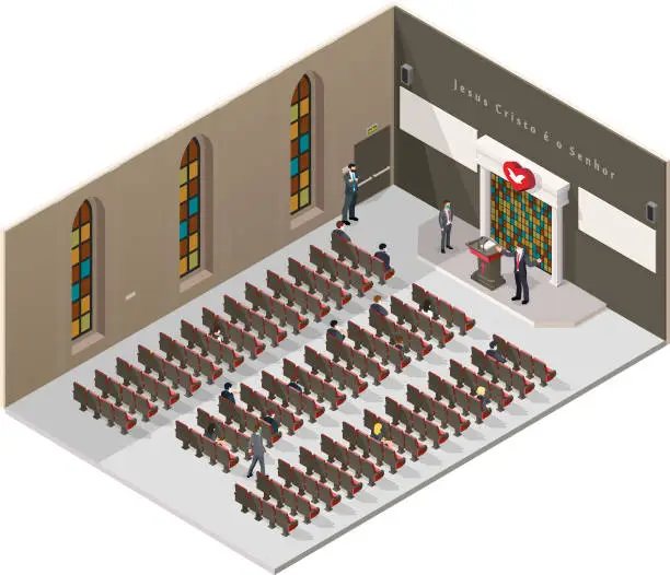 Vector illustration of Isometric perspective of the universal church of the kingdom of God inside, health care with the use of masks, alcohol gel, without agromeration, accents with social distancing
