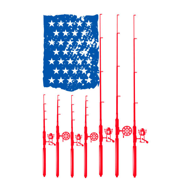 ilustraciones, imágenes clip art, dibujos animados e iconos de stock de pescador americano. bandera americana con cañas de pescar. elemento de diseño para cartel, tarjeta, banner, camiseta. ilustración vectorial - industria de la pesca