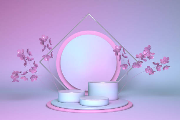 istock 3d render, botanical background, round pedestal decorated with pink spring flowers 1312831737
