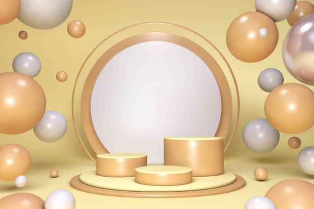 istock Minimal 3D studio podium for product presentation. Yellow round pedestal with spheres and bubbles ball 1312831749