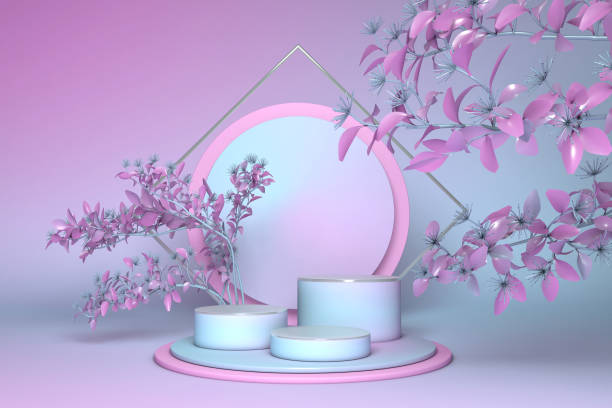 istock 3d render, botanical abstract background, round blue pedestal decorated with pink spring flowers 1312831758