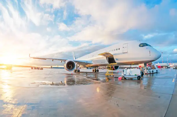 Photo of Passenger commercial aircraft parked with a wet apron at the airport during service maintenance evening rain at sunset with beautiful sky.