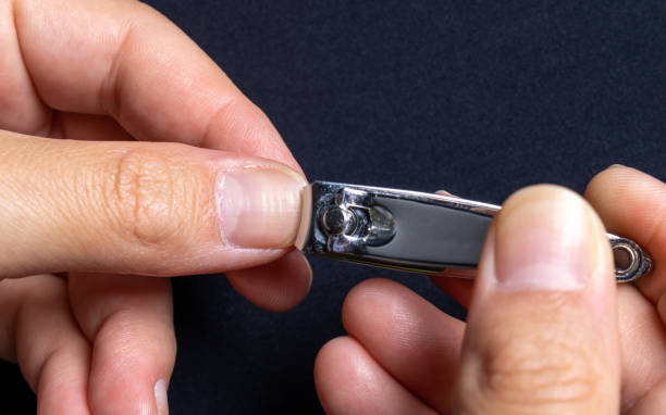 istock White woman cutting her nails using a metal cutter on a dark black background. Ordinary scene of the routine of houses and families and beauty salons. 1312832436