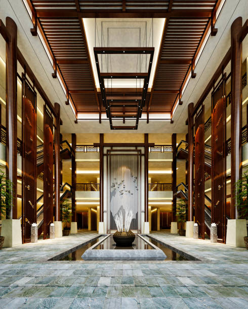 istock 3d render of luxury hotel reception and lobby 1312838489