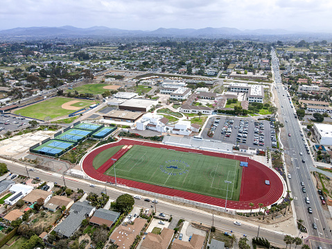Aerial view of American football field at San Dieguito High School Academy, California, USA. April 10th, 2021