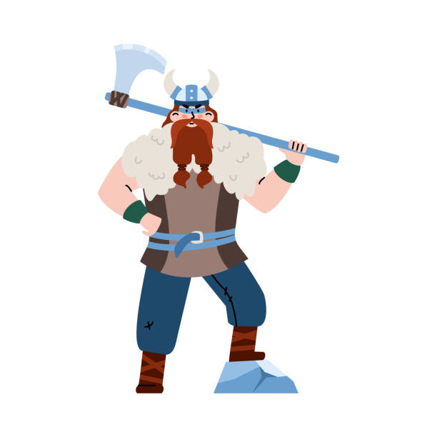 illustrations, cliparts, dessins animés et icônes de viking dans le casque cornissé retenant l’illustration plate de vecteur de hache énorme d’isolement. - viking mascot warrior pirate