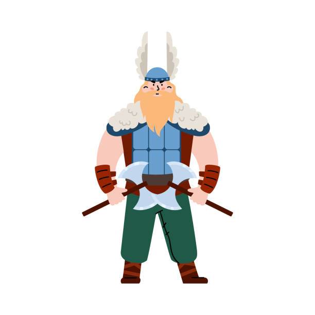 bärtigen wikinger krieger in gehörnten helm flachen vektor illustration isoliert. - viking mascot warrior pirate stock-grafiken, -clipart, -cartoons und -symbole