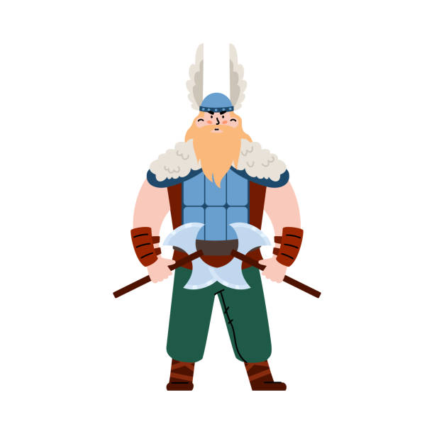 ilustraciones, imágenes clip art, dibujos animados e iconos de stock de guerrero vikingo barbudo en casco con cuernos ilustración vectorial plana aislado. - viking mascot warrior pirate