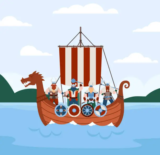 Vector illustration of Banner with viking drakkar ship and warriors on board, flat vector illustration.