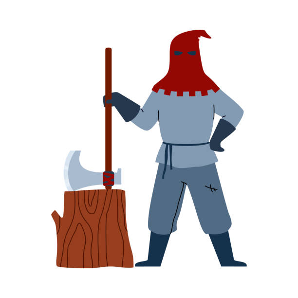 Medieval executioner man holding huge axe, flat vector illustration isolated. Medieval executioner man character holding huge axe, flat vector illustration isolated on white background. Executioner or torture carries out a sentence of death. executioner stock illustrations