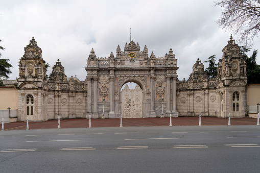 Istanbul,Turkey- April 16,2021:Main Entrance Door And Gate Of Dolmabahce Palace In Istanbul City.