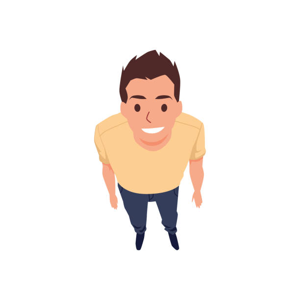 Top view of young attractive man looking up flat vector illustration isolated. Top view of young attractive man standing looking up at viewer, cartoon flat vector illustration isolated on white background. Modern young man cartoon character. good looking man looking up stock illustrations