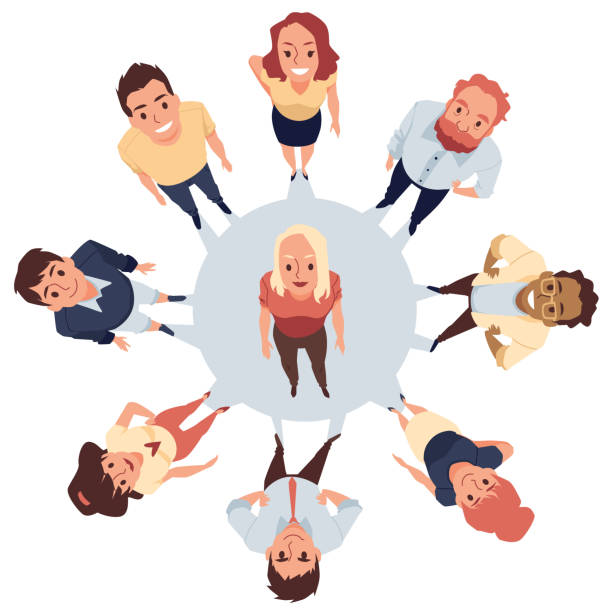 Top view of people in a circle looking up, flat vector illustration isolated. Top view of modern people standing in a circle and looking up at the viewer, cartoon flat vector illustration isolated on white background. Men and women looking up. good looking man looking up stock illustrations