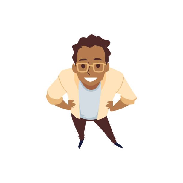Top view of smiling confident man looking up, flat vector illustration isolated. Top view of young smiling confident man looking up, flat vector illustration isolated on white background. Modern african american man cartoon character. good looking man looking up stock illustrations