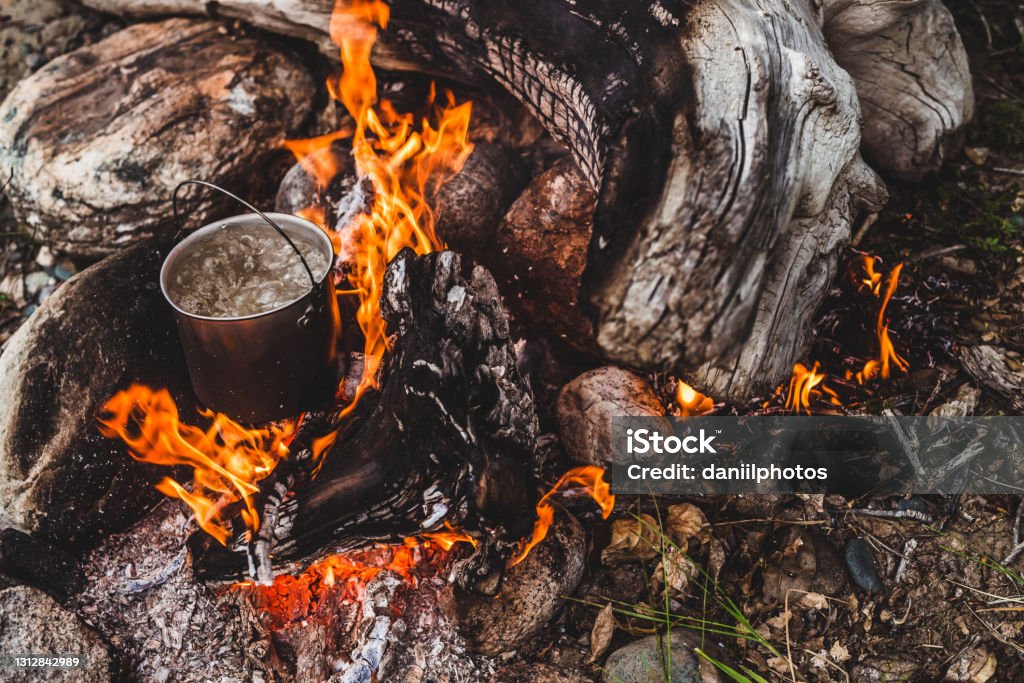 Nature Kettle stands on fire. Cooking food at fire in wild. Beautiful big log burns in bonfire close-up. Survival in wild nature. Wonderful flame with caldron. Pot is on flames. Campfire background. Boiling Stock Photo