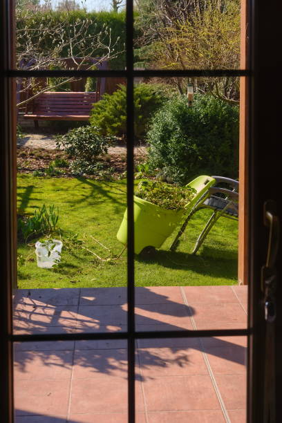 istock View from home interior to garden with lawn and terrace 1312843342