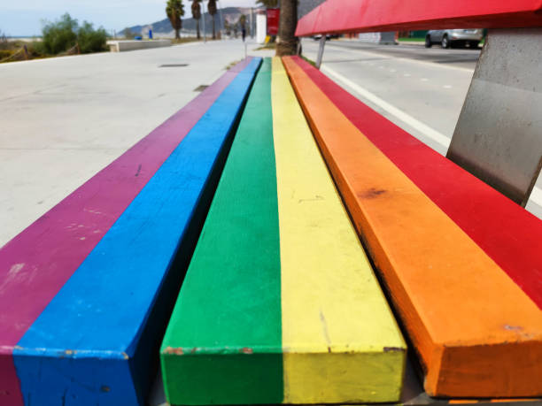 istock Wooden bench painted in rainbow colors at a beach 1312845542