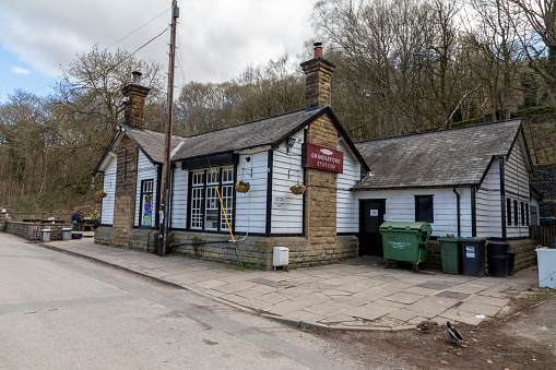 Grindleford, Derbyshire, England - April 16 2021: The cafe at Grindleford in the former station building.