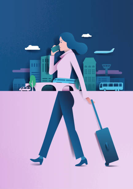 woman business trip young woman walks with trolley suitcase through the traffic from the airport to the city; Telephone conversation with smartphone; Background with city skyline, buildings, plane, trees, clouds, bus. Paper effect, cover design with copy space for text business travel stock illustrations