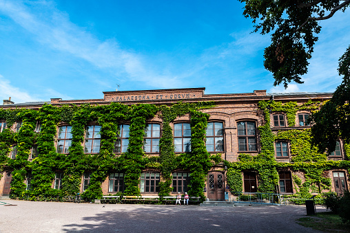 Lund, Sweden - August 30, 2019: Old classic facade with creeping plants of a buiding of the Lund University and people around in Lund, Scania, Sweden