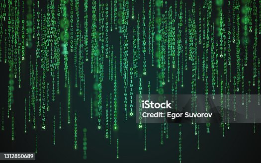 istock Matrix background. Binary code texture. Falling green numbers. Data visualization concept. Futuristic digital backdrop. One and zero digits. Computer screen template. Vector illustration 1312850689