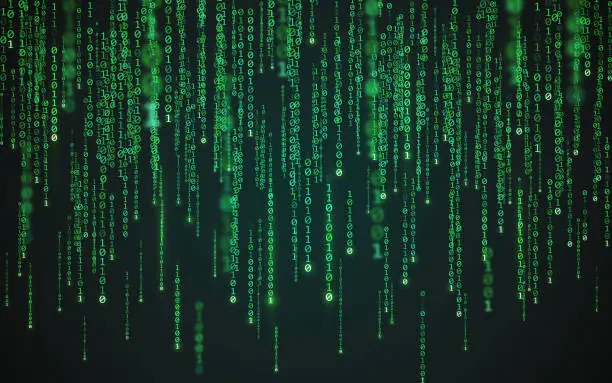 Vector illustration of Matrix background. Binary code texture. Falling green numbers. Data visualization concept. Futuristic digital backdrop. One and zero digits. Computer screen template. Vector illustration