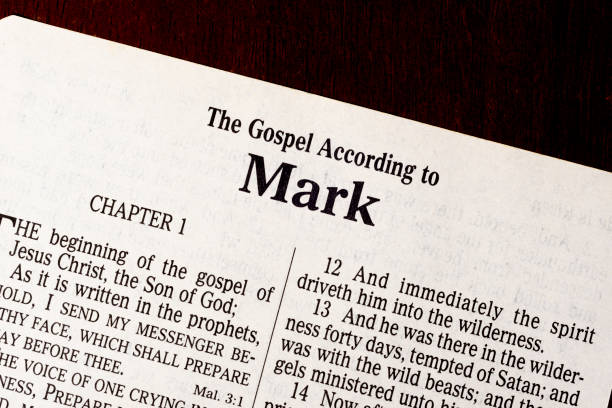 The Book of Mark Title Page Close-Up This is the King James Bible translated in 1611.  There is no copyright.  Gospel of Mark Title Page gospel stock pictures, royalty-free photos & images