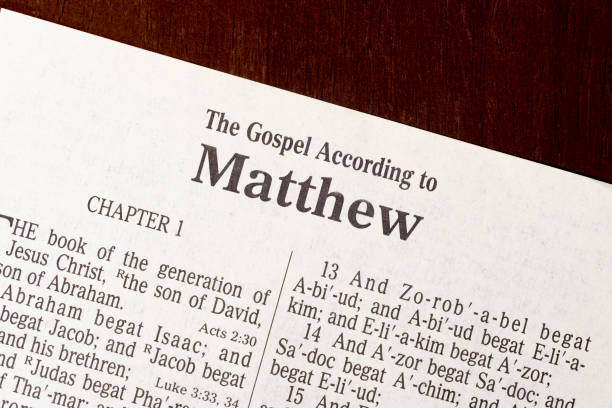 The Book of Matthew Title Page Close-up This is the King James Bible translated in 1611.  There is no copyright.  Title Page For the Gospel of Matthew bible gospel stock pictures, royalty-free photos & images