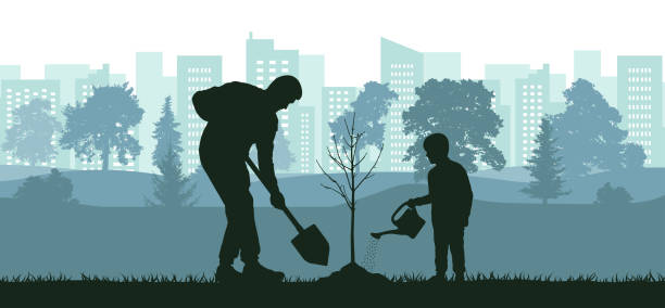 озеленение территории, посадка мужчиной и ребенком дерева в городском парке, силуэт. иллюстрация вектора - city of tool stock illustrations