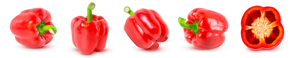Sweet red bell peppers isolated on white background close-up
