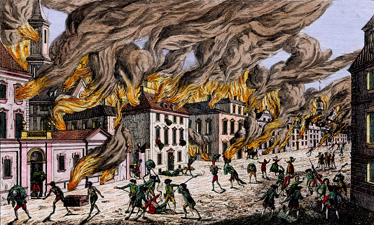Vintage illustration features the Great Fire of New York in 1776. Less than a week before the fire, the British army marched into New York unopposed. Several buildings were engulfed in flames, citizens were beaten by Redcoats, and African slaves started looting.
Historians have never been able to determine who started the Great Fire but one theory states that the rebel American patriots started the fire in order to counter the British occupation and prevent them from using New York as a base of operations.