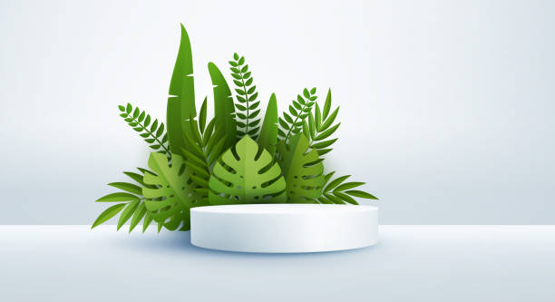 istock Minimal white scene with geometric shapes and green palm leaves. Cylindrical podium on a yellow background. 3D stage for displaying a cosmetic product 1312856813