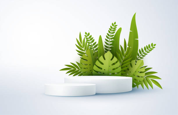 istock Minimal white scene with geometric shapes and green palm leaves. Cylindrical podium on a yellow background. 3D stage for displaying a cosmetic product 1312856814