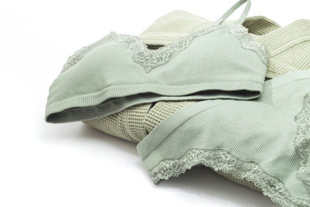 istock olive underwear briefs , bra and homemade waffle robe isolated on white - Image 1312858076