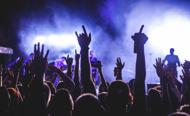 コンサートの群衆の中で空中に手を伸げる男のシルエット - コンサート ストックフォトと画像