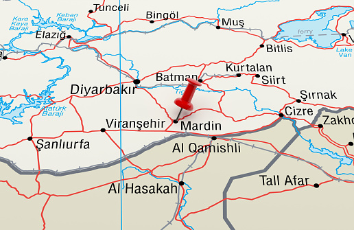 Map showing Mardin, Turkey with a Red Pin. 3D Rendering SourceMap: http://legacy.lib.utexas.edu/maps/turkey.html
