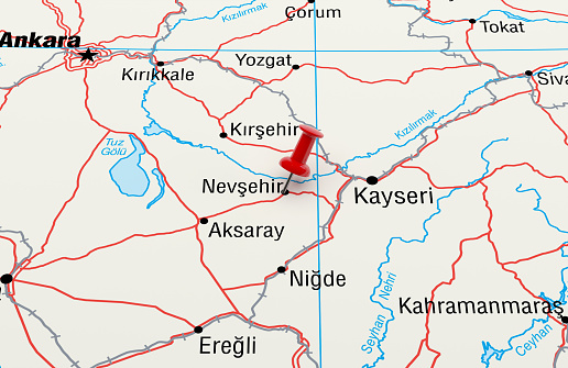 Map showing Nevsehir, Turkey with a Red Pin. 3D Rendering SourceMap: http://legacy.lib.utexas.edu/maps/turkey.html