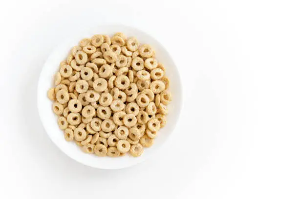 Photo of cereal cheerios bowl isolated on white background