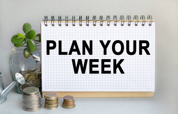 istock PLAN YOUR WEEK is written in a notebook that sits on the table along with a stack of coins, a glass jar with coins and a sprout, and a small toy watering can. Money saving concept. 1312860999